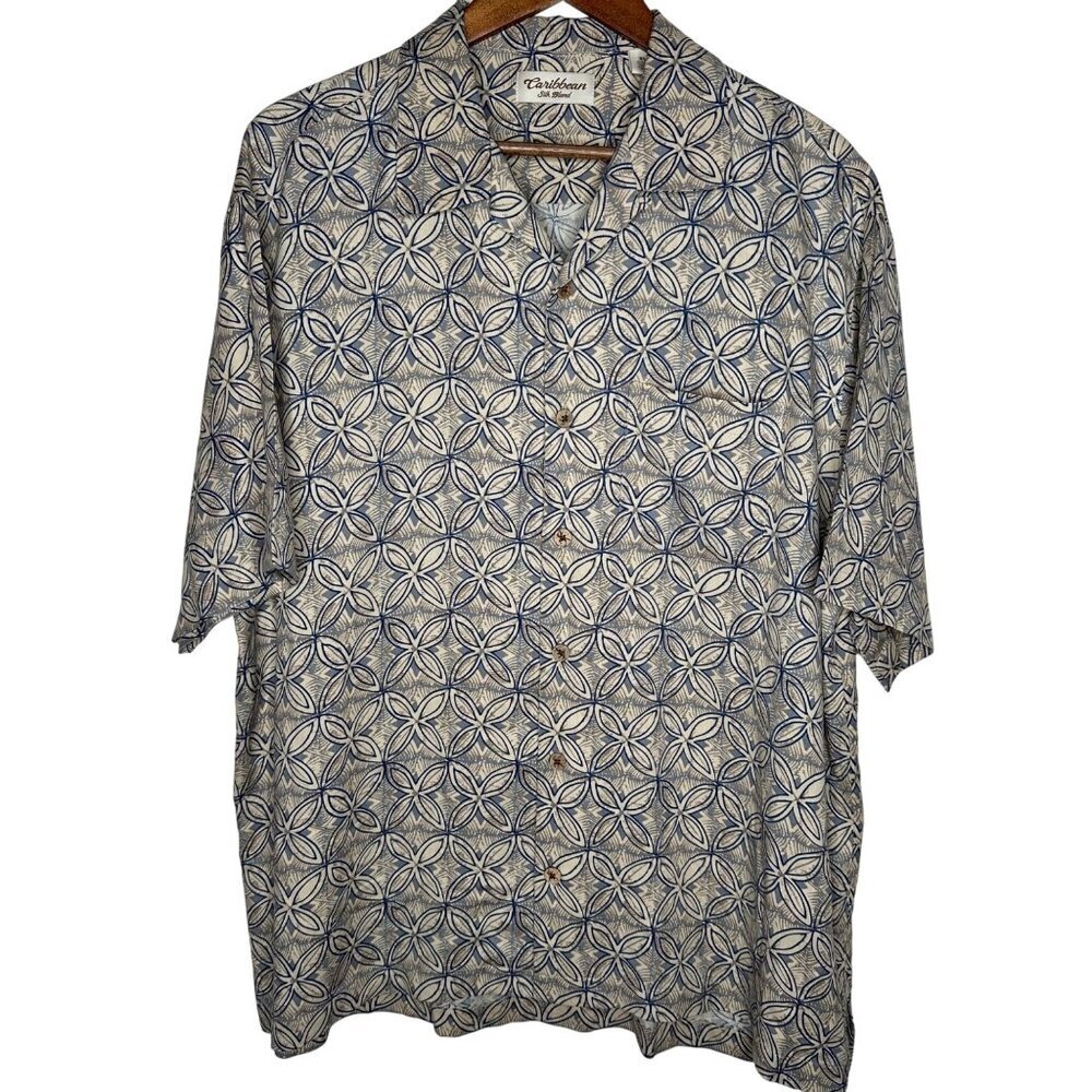 Caribbean Silk blend button up Camp shirt geometric‎ patter Sz XL
